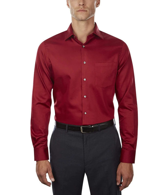 Van Heusen Men's Dress Shirts Fitted Lux Sateen Stretch Solid Spread Collar, Red, 15" Neck 34"-35" Sleeve