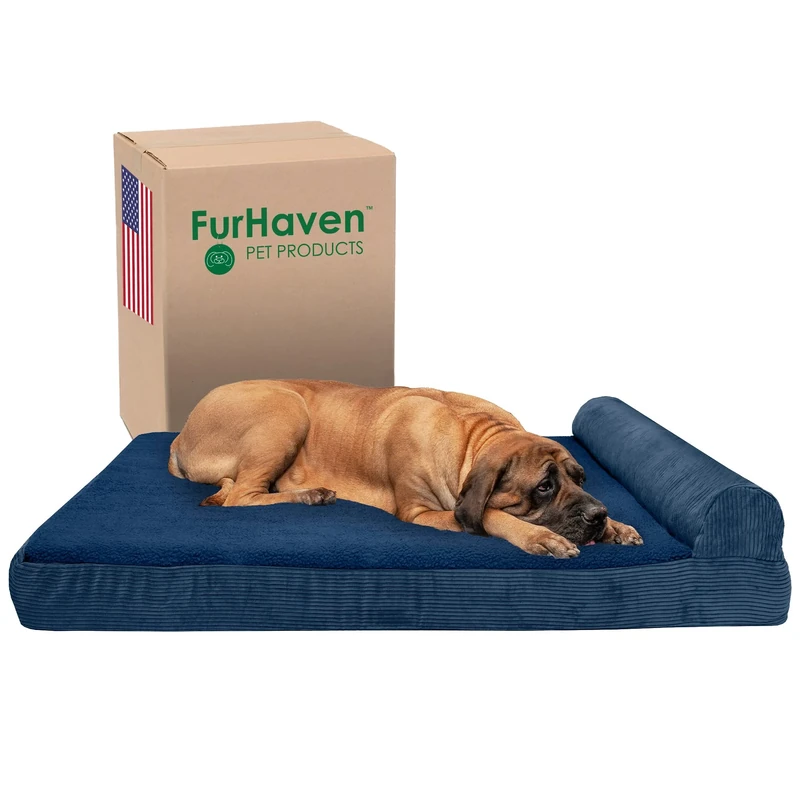 FurHaven Orthopedic Dog Bed for Large Dogs w/Removable Bolster & Washable Cover, For Dogs Up to 125 lbs - Fleece & Corduroy Bolster Chaise - Navy Blue, Jumbo Plus/XXL