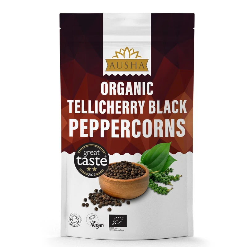 Ausha Organic Tellicherry Black Peppercorns Whole 100g - 2** GREAT TASTE AWARD - UK Certifed Organic by Soil Association - For Grinding and Cooking - Extra Bold Peppercorns