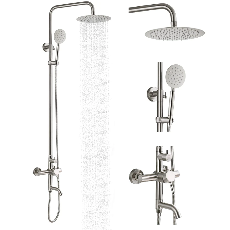 gotonovo Stainless Steel SUS304 Silver Shower faucet Set Wall Mount Triple Function Shower System 8 inches Shower Head Bathroom Adjustable Hand Spray Rainfall Brushed Nickel Shower Faucet Complete Set