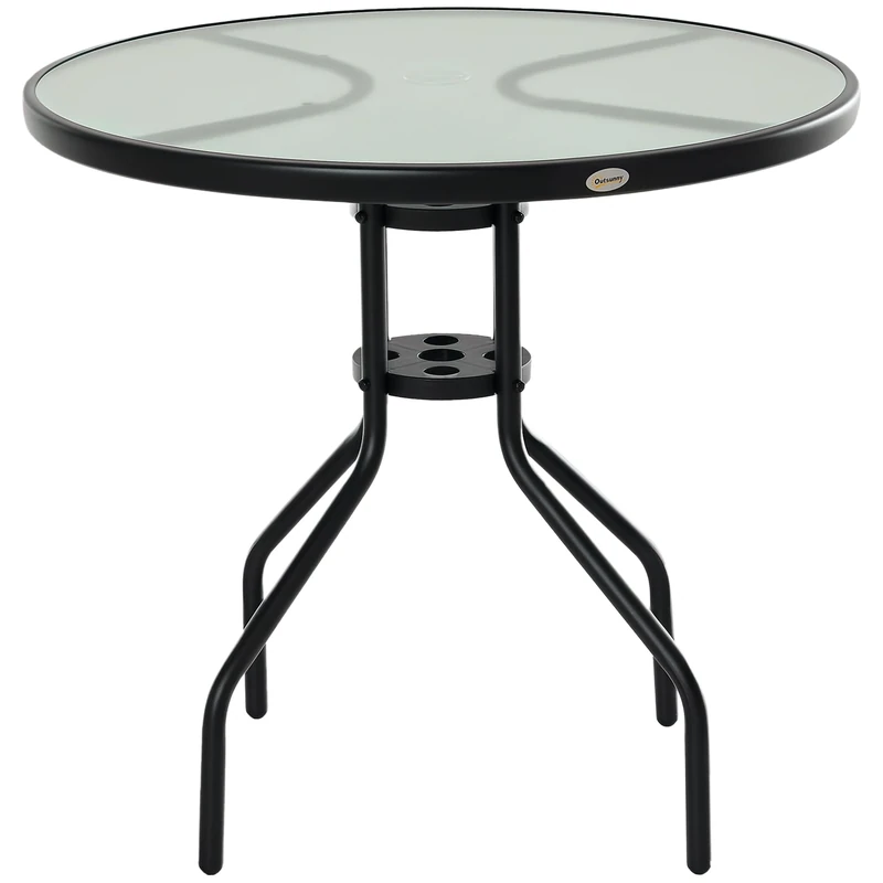 Outsunny 80 cm Round Garden Dining Table with Parasol Hole for 4, Outdoor Coffee Bistro End Side Table with Tempered Glass Top and Steel Frame for Patio, Porch, Black