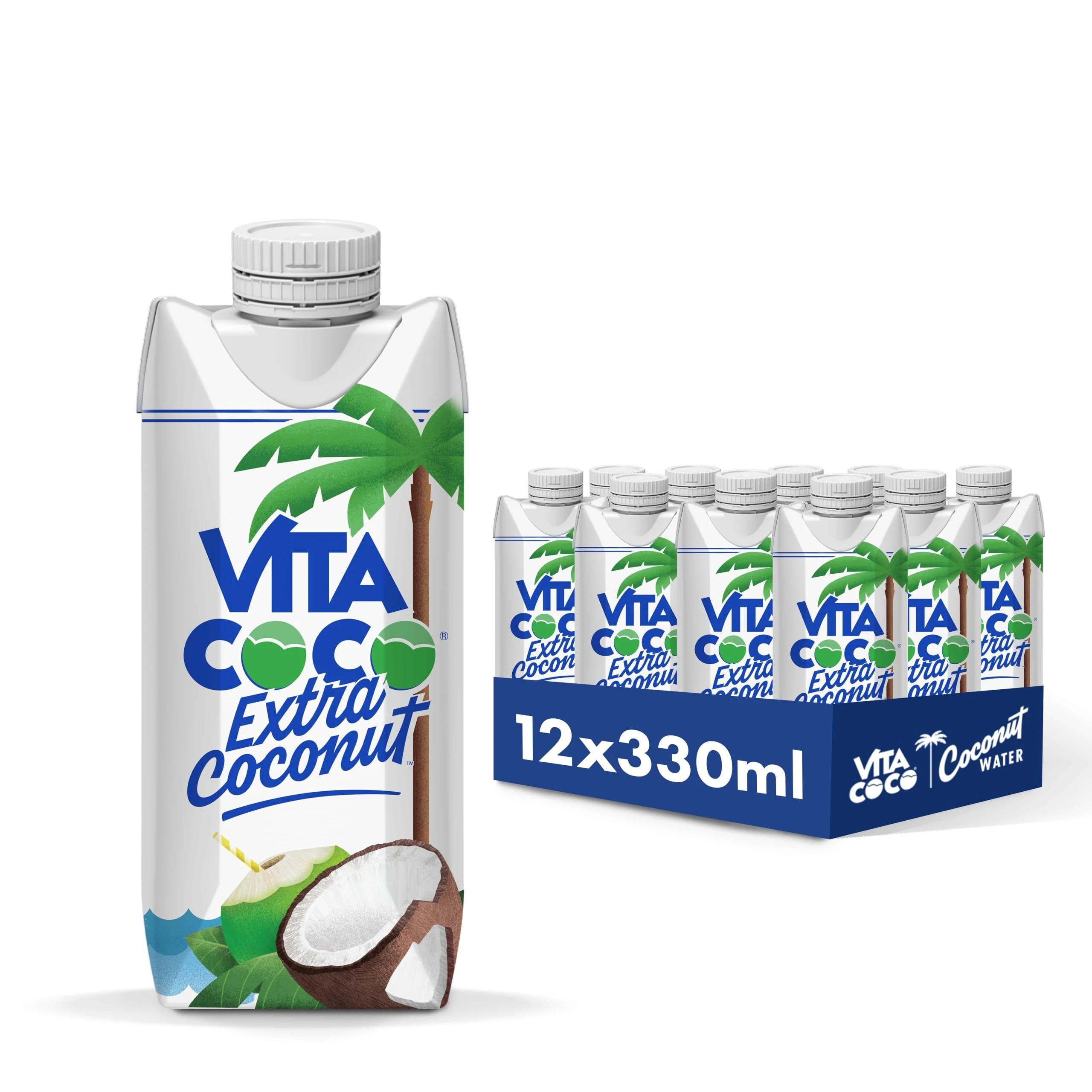 Vita Coco Extra Coconut Water Multipack 330ml x 12, Pressed Coconut Water, Packed With Electrolytes, Gluten Free, Full Of Vitamin C, Low-Calorie Electrolyte Drink, Thirst Quenching Refreshment