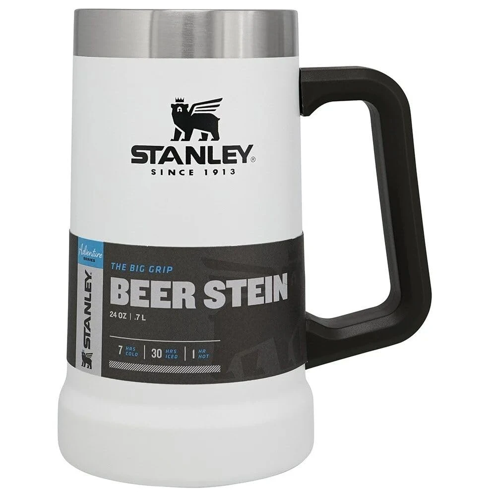 STANLEY 1913 Adventure Vacuum Beer Stein 0.7L - Travel Mug Keeps Drinks Cold for 7 Hours - Stainless Steel Thermal Cup with Handle - Dishwasher Safe - Polar White