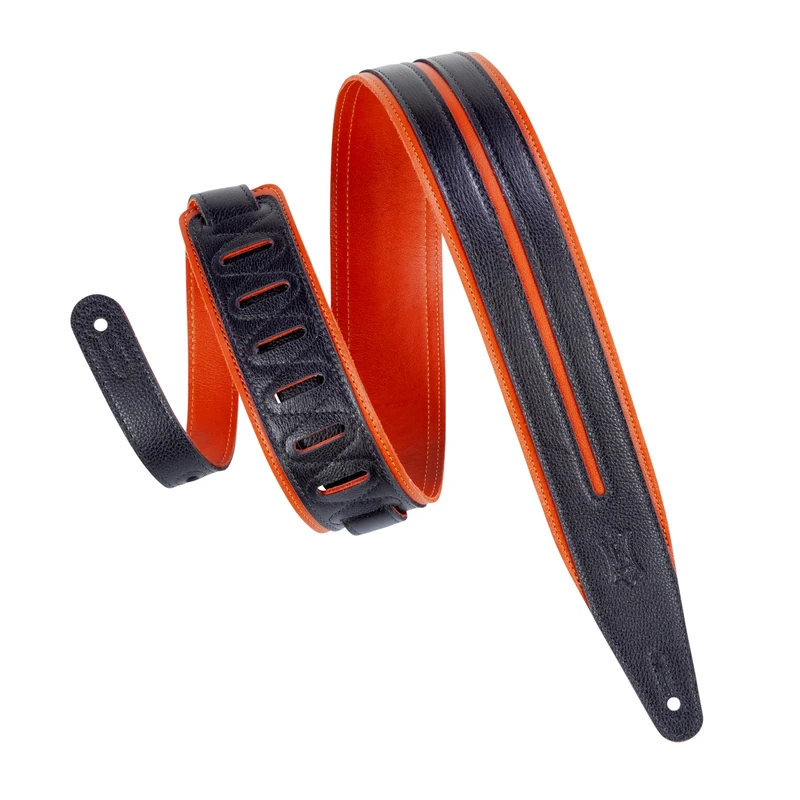 Levy's Leathers 2.5" Garment Leather Guitar Strap Double Racing Stripe Design; Black and Orange (MG317DRS-ORG_BLK)
