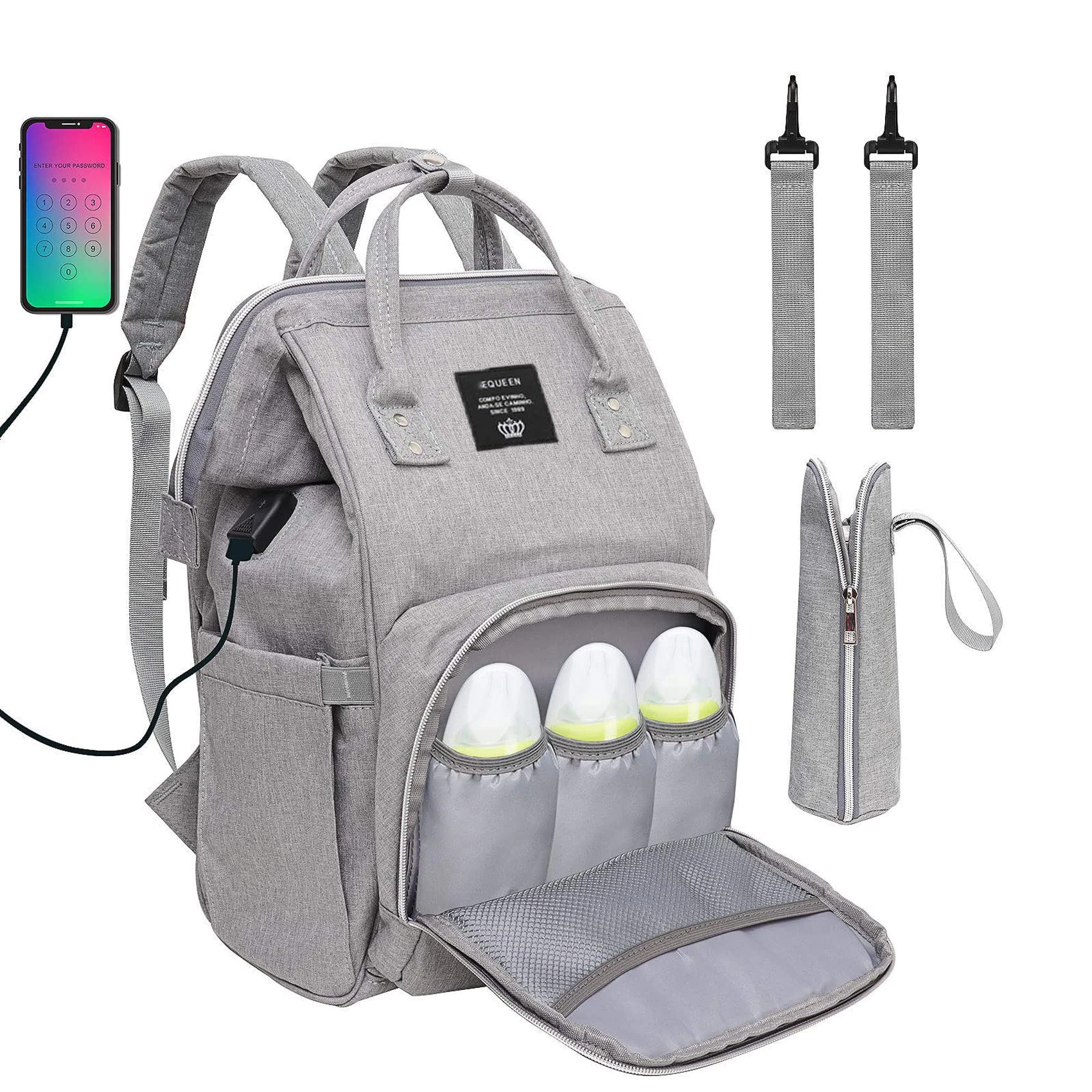 Baby Diaper Bag Backpack, Multi-Function Waterproof Maternity Nappy Bags with USB Port for Mom & Dad, Large Capacity (Grey)