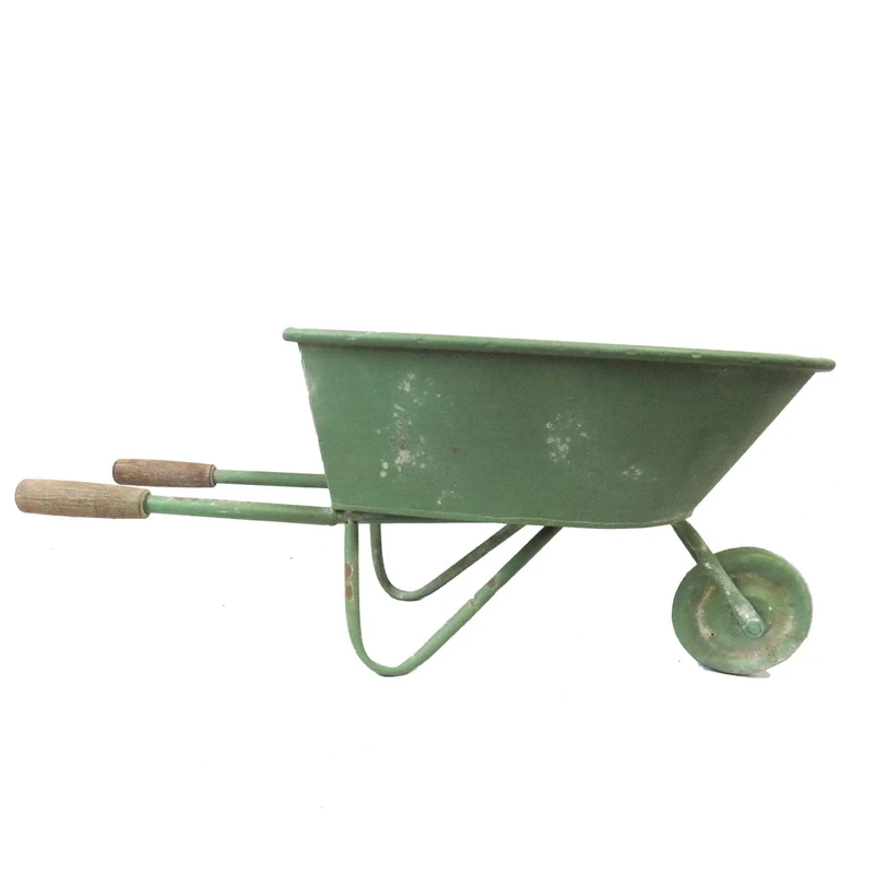 Large Iron Wheelbarrow Plant Pot Featuring a Shabby Chic Green Finish