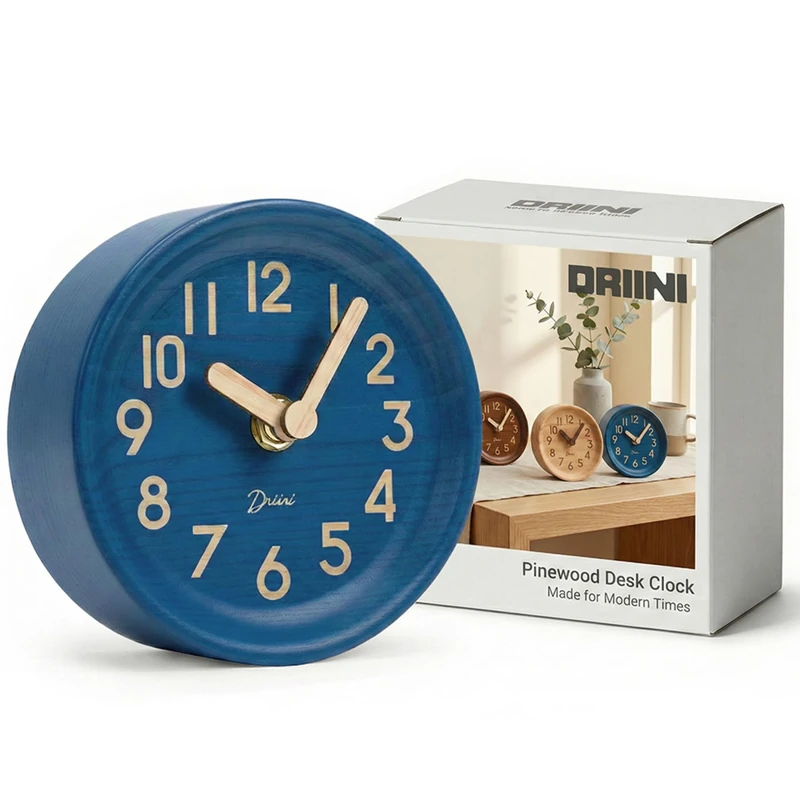 Driini Wooden Analog Desktop Clock – 4.3 in. Decorative Pinewood Clock, No-Tick Design – Easy to Read Silent Sweep Mantle Clock – Quiet Tabletop Clocks with Wood Body, Hands, & Battery Cover; Blue