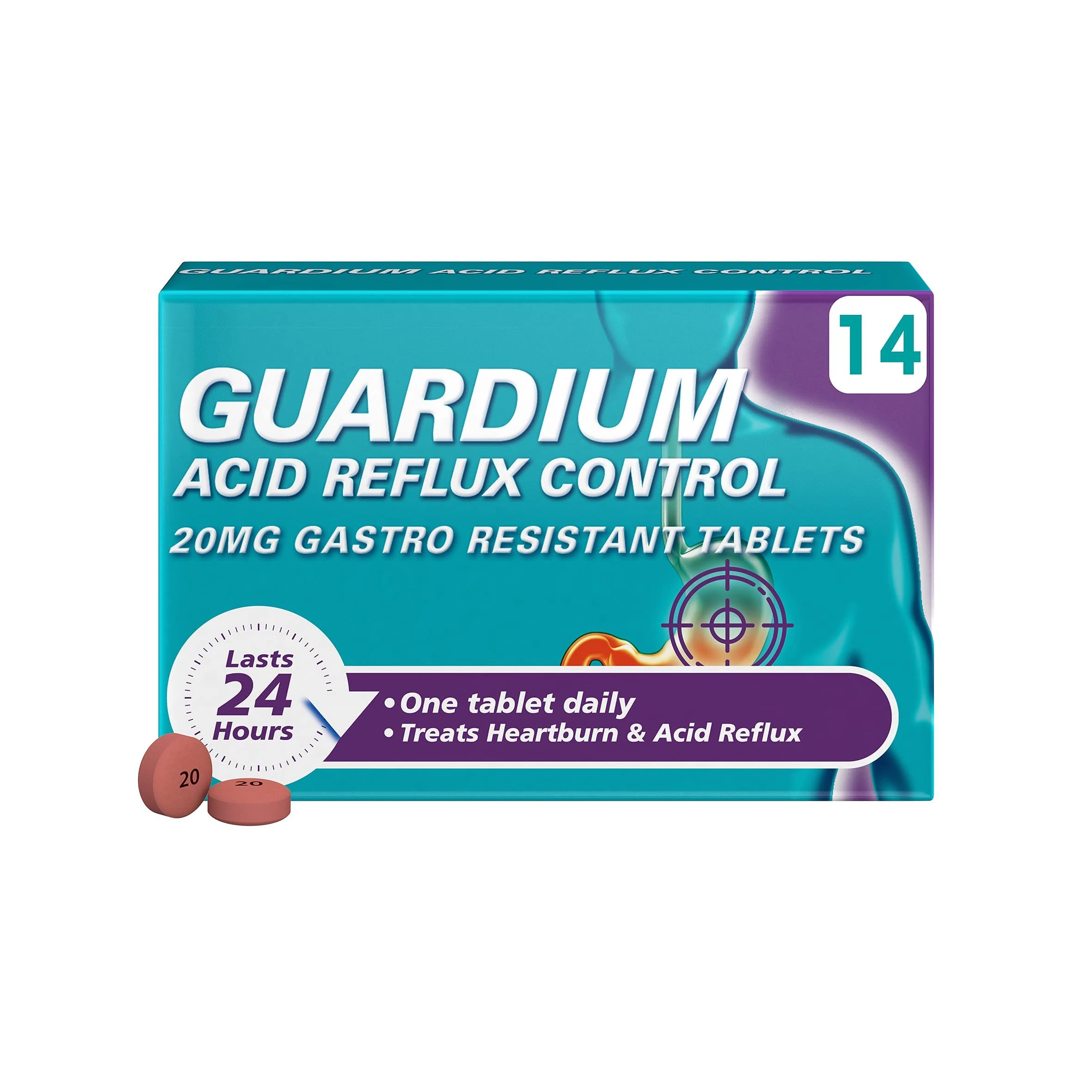 Guardium Esomeprazole Acid Reflux Tablets, 14 Pack - Indigestion & Heartburn Relief, 24-Hour GERD/GORD Protection, Antacids for Digestion & Nausea