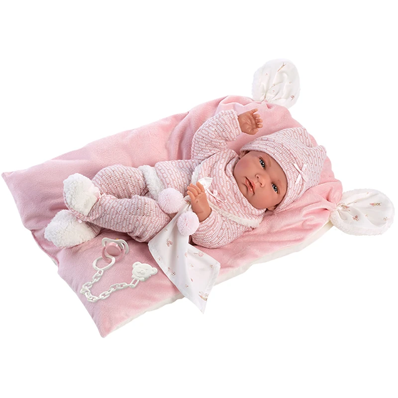 Llorens 73860 Nica Doll with Blue Eyes and Vinyl Body, Baby Doll with Pink Outfit, Cuddly Blanket, Dummy, Dummy Chain and Soft Cushion, 40 cm