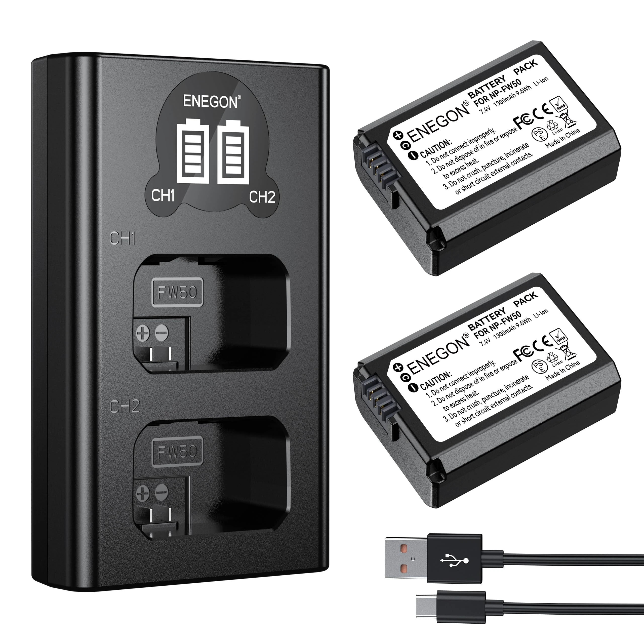 ENEGON NP-FW50 Battery(2 * 1300mAh) and LCD Charger Kit for Sony ZV-E10, A6000, A5100, A5000, A6300, A6500, A6400; Alpha 7, A7, A7II, A7R, A7RII, A7S, A7SII;RX10 NEX-3/5/7 Series