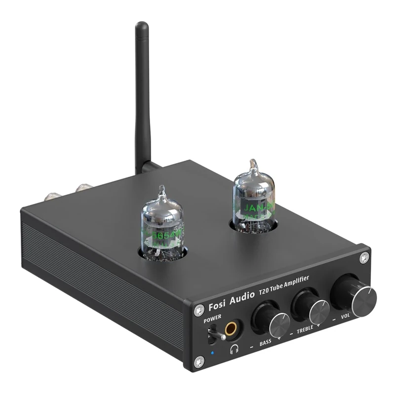 Fosi Audio T20 Bluetooth Tube Amplifier, Stereo Headphone Amplifier 2 Channel, Class D Digital Mini Hi-Fi aptX Compact Integrated Power Amp for Home Passive Speakers with 5654W Vacuum Tubes