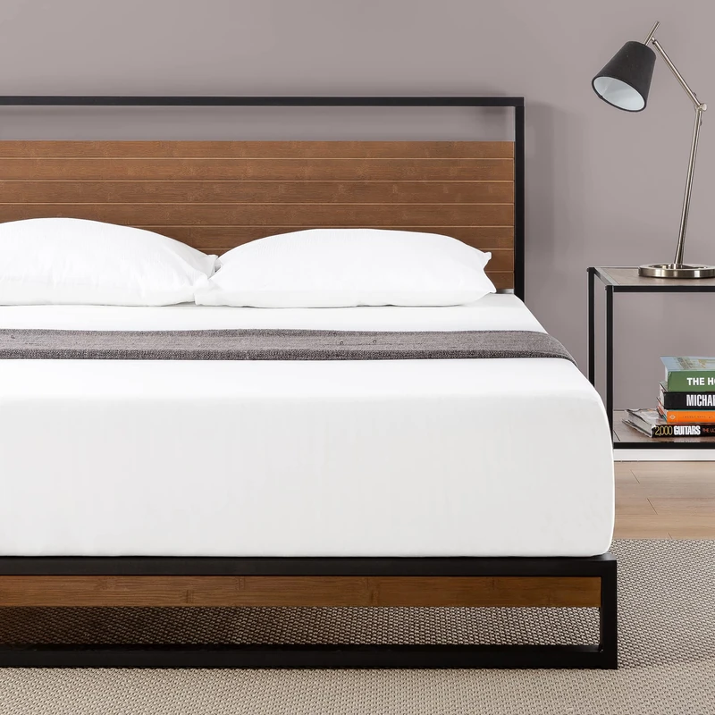 Zinus 5ft6.5 King Size Bed Frame with Wood Headboard | Heavy Duty Metal Platform Base | 150 x 200 x 18 cm | No Box Spring Needed | Mattress Foundation | Under Bed Storage | Noise-Free Design - Brown
