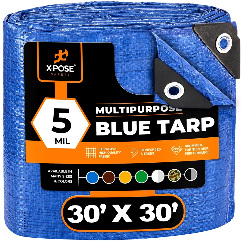 Blue Poly Tarp 30' x 30' - Multipurpose Protective Cover, Drop Cloth - Durable, Waterproof, Weather Proof - 5 Mil Thick Polyethylene - by Xpose Safety