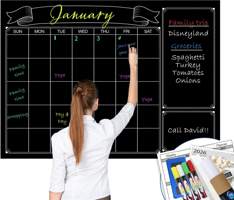 Dry Erase Black Laminated Jumbo Chalk Board Wall Calendar, 38-Inch by 50-Inch,Erasable Monthly Huge Weekly Chalkboard Bulletin Board,Better Than Wall Decor Sticker