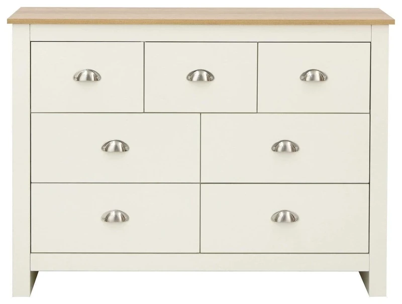GFW Lancaster Wooden 7 Drawer Chest With Steel Cup Handle & 28.4 Litre Drawers, Modern Bedroom Furniture Chest Of Drawers Storage Unit, Contrast Oak Top, Cream D-35 x W-111.5 x H-81cm