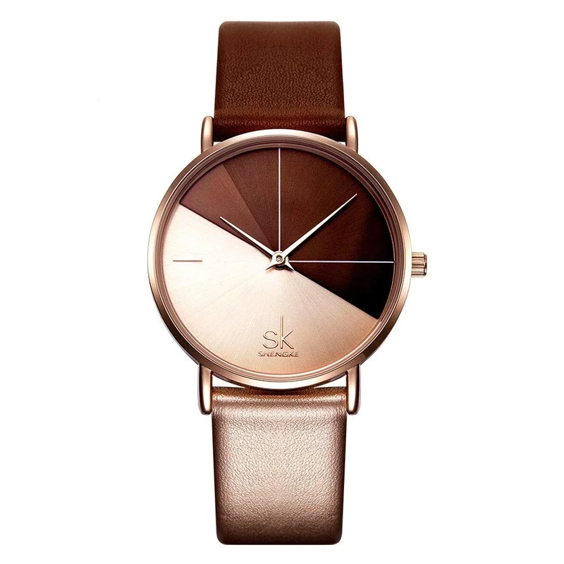 SHENGKE Creative Contrast Color Simplicity Women Watch Genuine Leather Elegant Women Watches Ladies Wristwatch(K0095-Rosegold&Brown)