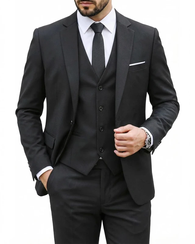 MY'S Men's 3 Piece Slim Fit Suit Set, One Button Solid Jacket Vest Pants with Tie, Black - Image 1