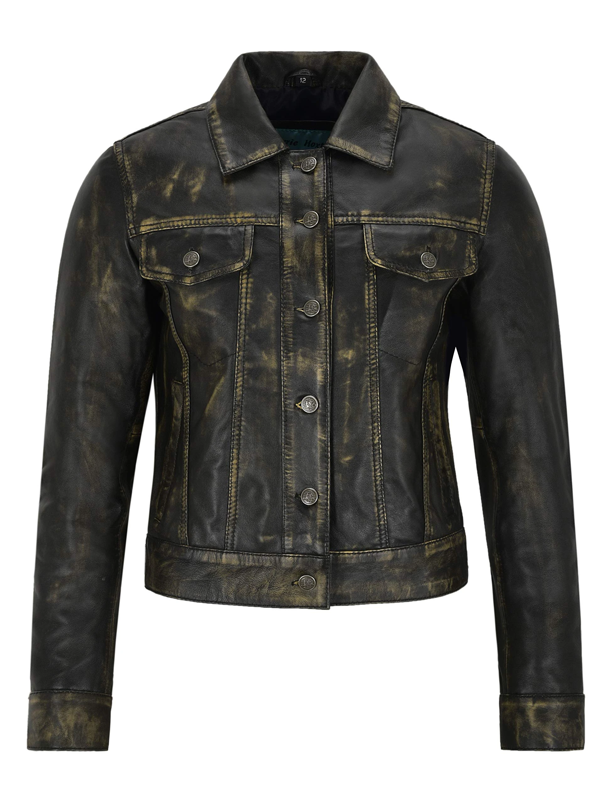 Boutique England Women's Trucker Real Leather Vintage Jacket Washed Leather Shirt Jacket 1680 (8, Yellow Vintage)