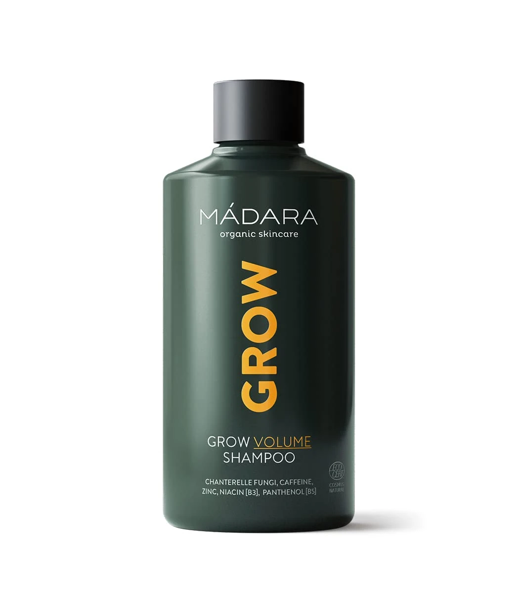 MÁDARA Organic Skincare | Grow Volume Shampoo – 250ml, With caffeine, biotin (B7) and niacin (B3), Fungi-based natural hair growth shampoo for fine, thinning hair, COSMOS natural certified