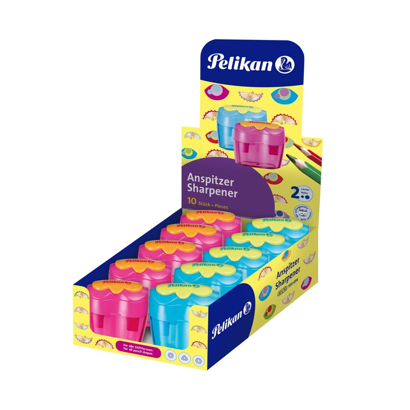 Pelikan Double Tin Pencil Sharpener Flower Pack of 10 Assorted Colours in Cardboard Display
