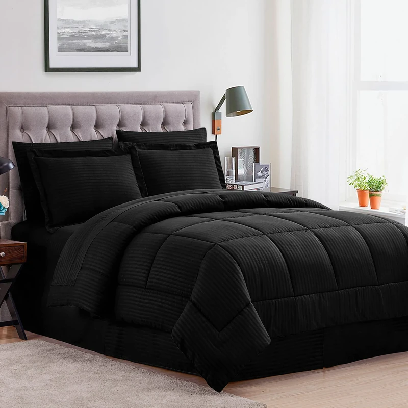 Sweet Home Collection 2 Pillowcases & 2 Shams & Bed Skirt All Season Warmth, Fine Double Brushed Microfiber/100% Fiber Fill, Dobby Black, King