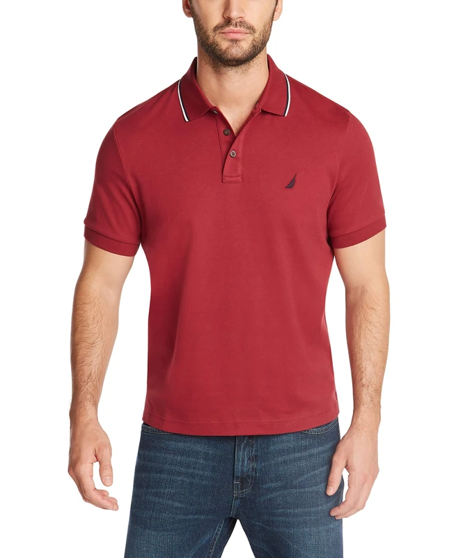 Nautica Men's Classic Fit Short Sleeve Dual Tipped Collar Polo Shirt, Burgundy, XL