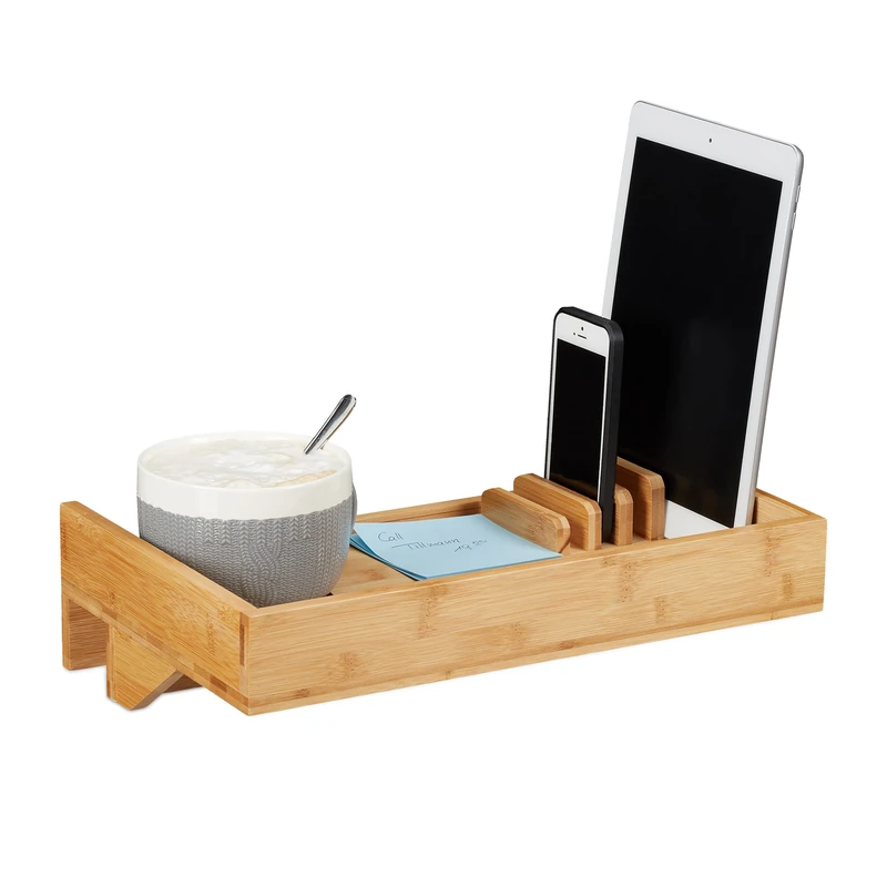 Relaxdays Bedside Shelf & Organizer, Mini Clip-on Nightstand, Bamboo, Beverage Holder D. 9 cm, Organization Tray, Natural