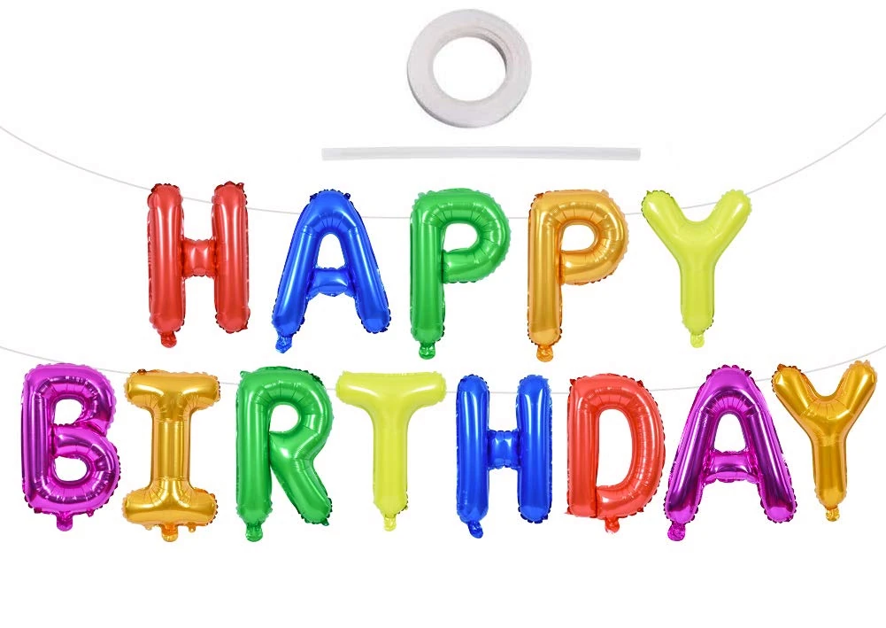 TONIFUL 7 Color Rainbow Happy Birthday Balloons Banner, 16 Inches Colorful Mylar Foil Letter Sign Balloons Banner Bunting for Girls Boys Kids & Adults Birthday Decorations