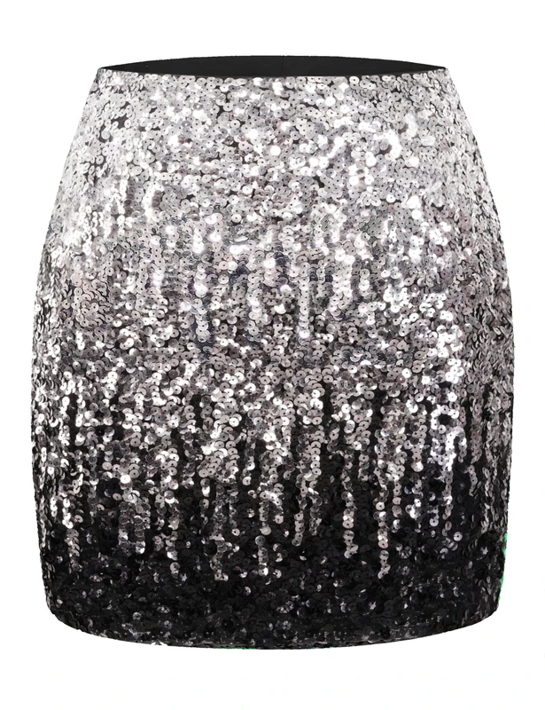 MANER Women's Sequin Skirt Sparkle Stretchy Bodycon Mini Skirts Night Out Party, Silver/Gray/Black, M