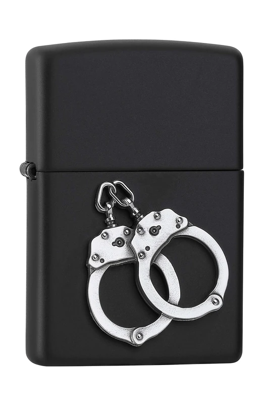 Zippo Windproof Lighter, Handcuffs Design – Matt Black, Emblem Attached – Refillable, Reusable, Windproof Design – Comes in Gift Box – Made in USA