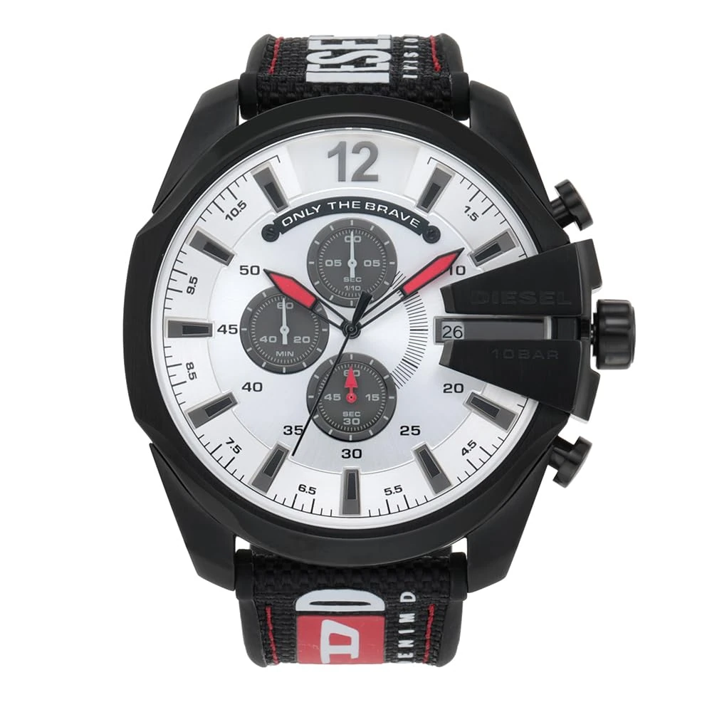 Diesel Watch for Men Mega Chief, Chronograph Movement, 51 mm Black Stainless Steel Case with a Nylon, Silicone Strap, DZ4512