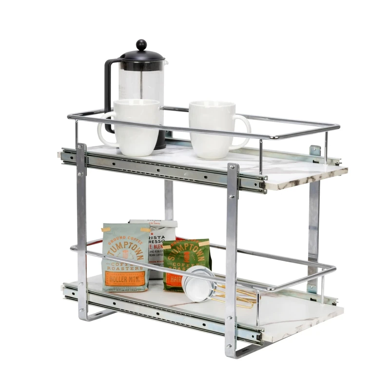 Household Essentials Glidez Chrome-Plated Steel and Faux Marble 2-Tier Pull-Out/Slide-Out Storage Organizer, 11.25" Wide, White and Chrome