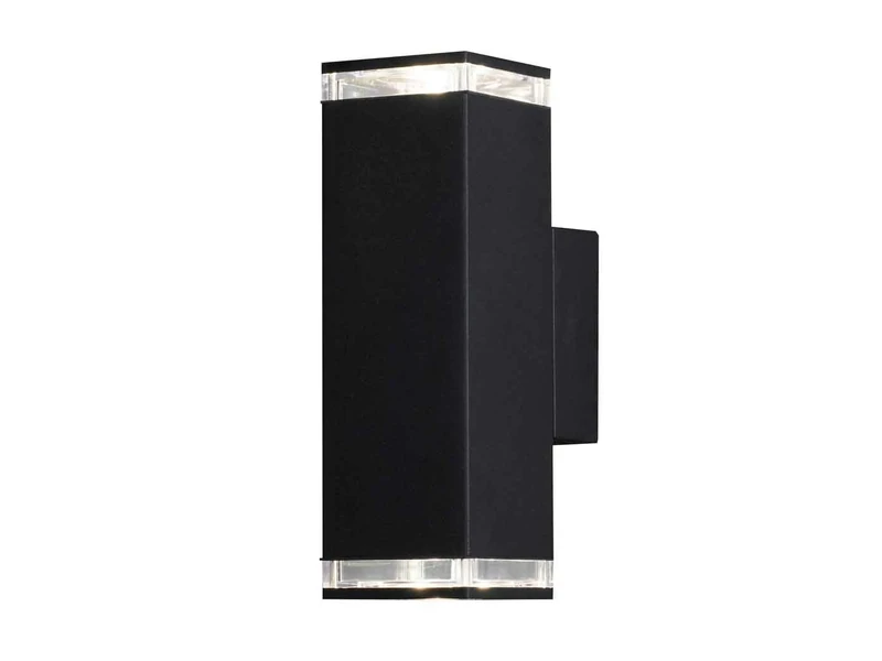 Konstsmide Handmade Outdoor Wall Light Mains Powered/Pollux Single Up Down Modern Lantern/2x7 Watt Max GU10 Lamp/Clear Acrylic Glass Lens/Aluminium/IP44/Black Outside Light