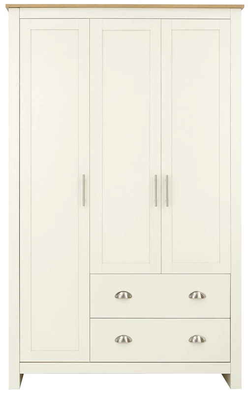 GFW Lancaster 3 Door Bedroom Wardrobe With Hanging Rails & 2 Storage Drawers, Country Cottage Styling With Contrast Oak Top. Cream (D180cm x W112cm x D52cm)