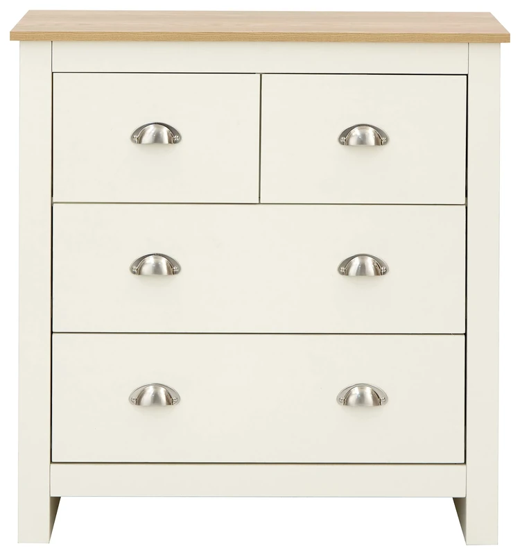 GFW Lancaster Wooden 4 Drawer Chest With Steel Cup Handle & 37.7 Litre Drawers, Modern Bedroom Furniture Chest Of Drawers Storage Unit, Contrast Oak Top, Cream D-35 x W-79 x H-81cm