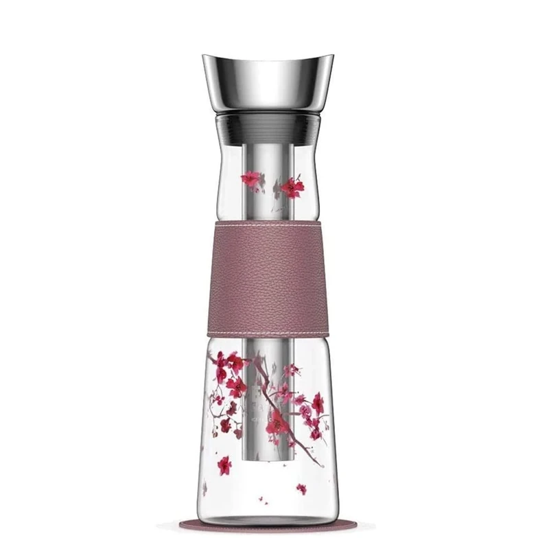Eigenart Eve Cherry Blossom Glass Carafe with Lid, Strainer and Vegan Faux Leather Cuff and Coaster, BPA-Free, 1.25 L, 31000