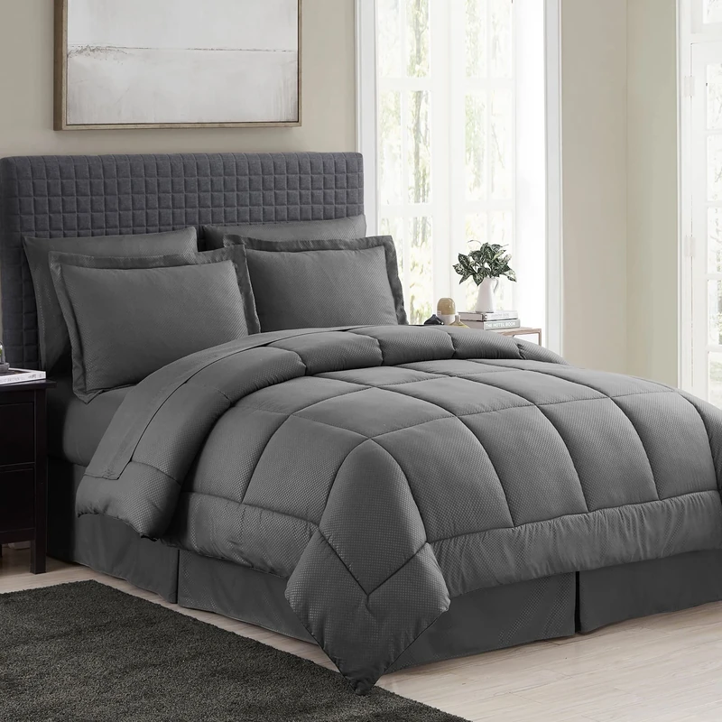 Sweet Home Collection 2 Pillowcases & 2 Shams & Bed Skirt All Season Warmth, Fine Double Brushed Microfiber/100% Fiber Fill, Checkered Gray, Queen