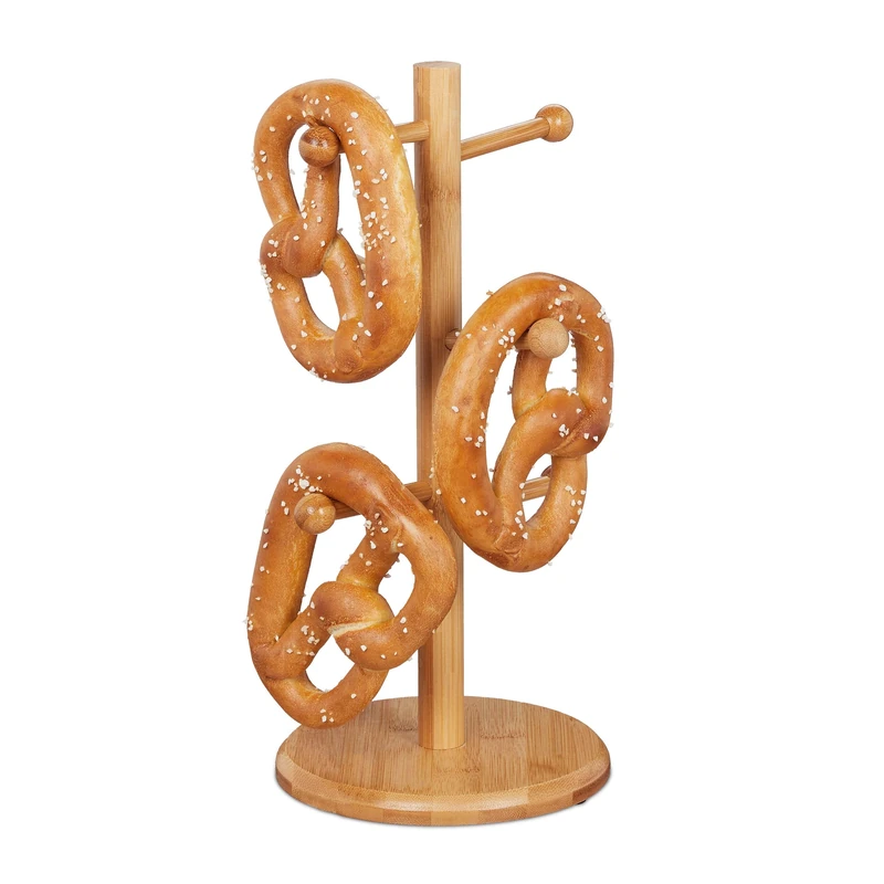 Relaxdays Bamboo Baked Pretzel Stand, 6-Arm, Height 35 cm, Sausage Tree or Cup Holder, Brezelbaum, Wood, Natural - Image 1