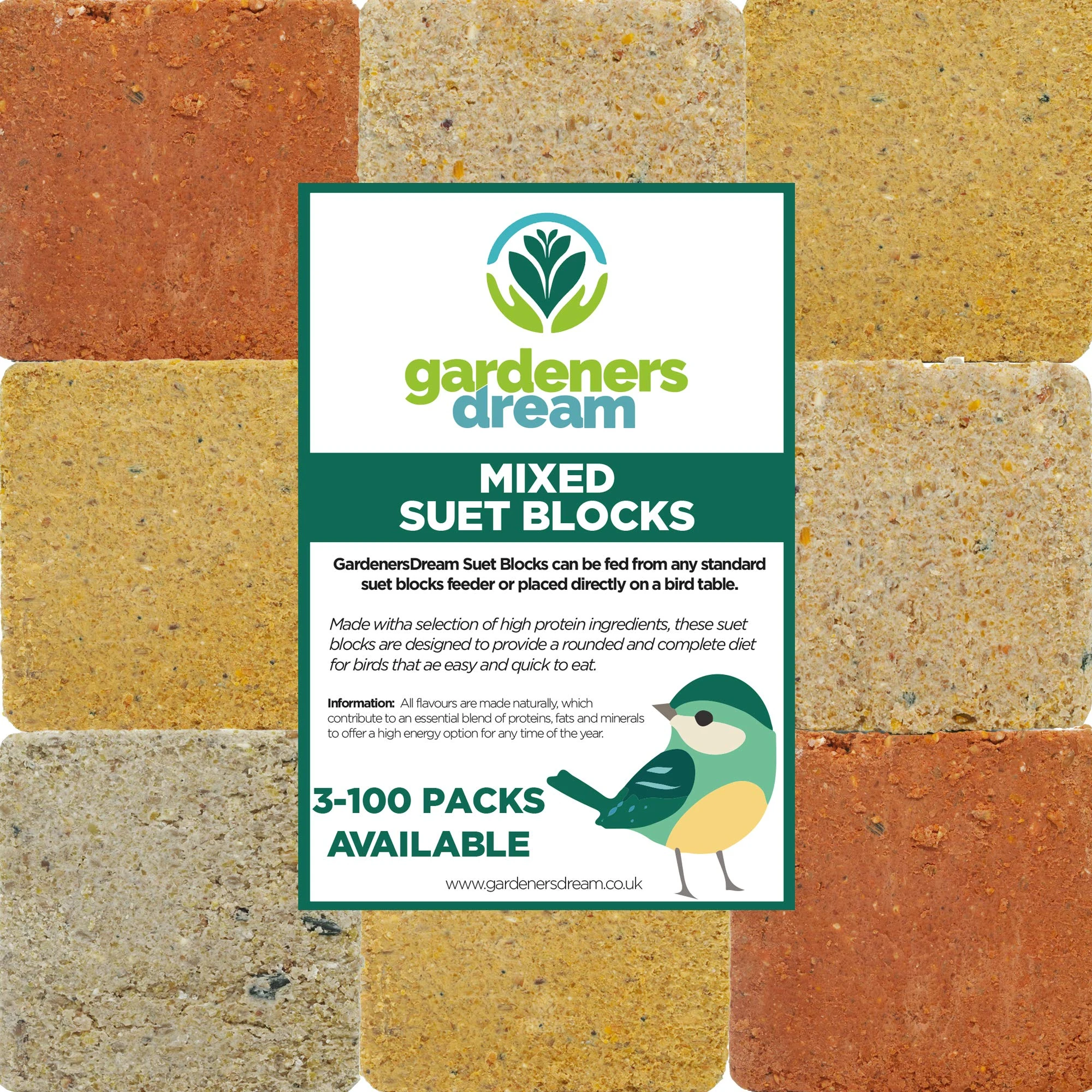 GardenersDream Suet Fat Blocks | Premium Garden Wild Bird Food | Enhanced Formula | Naturally Blended, High in Energy & Protein-Rich Feed | Full of Nutritious Fibre & Moisture (Mixed, 25)