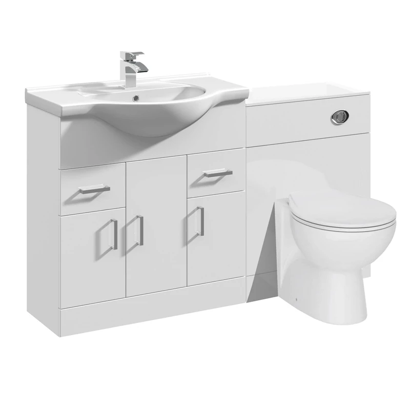 VeeBath Linx 1250 Vanity Unit Furniture Set, Wash Basin Bathroom Sink, WC, Toilet Pan, Soft Close, Quick Release Toilet Seat with Concealed Cistern-White (Flat Pack)