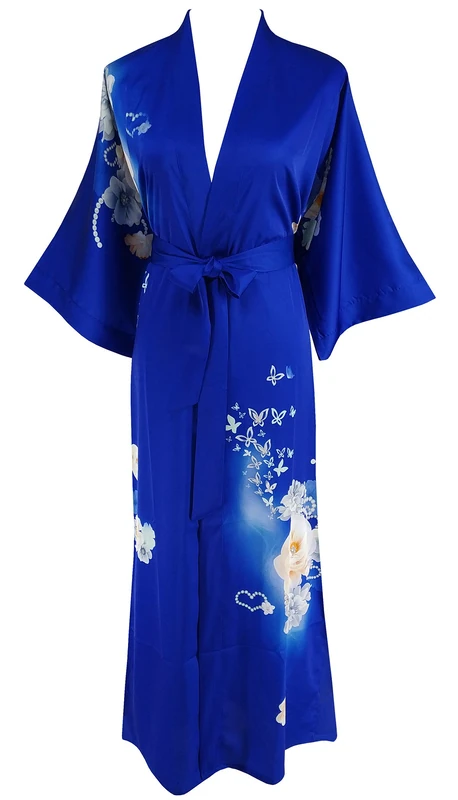 Ledamon Women's Kimono Long Robe - Classic Floral Bathrobe Nightgown (Polyester, Sapphire Blue)