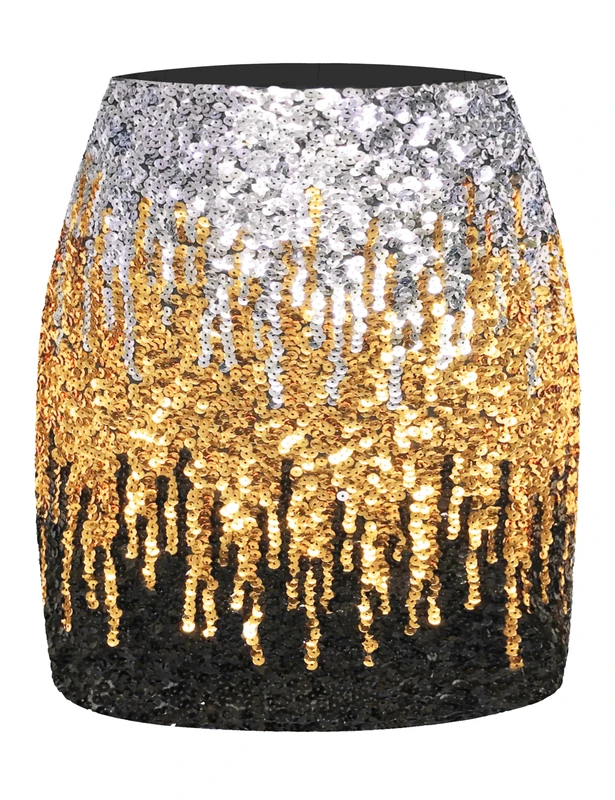 MANER Women's Sequin Skirt Sparkle Stretchy Bodycon Mini Skirts Night Out Party, Silver/Gold/Black, M