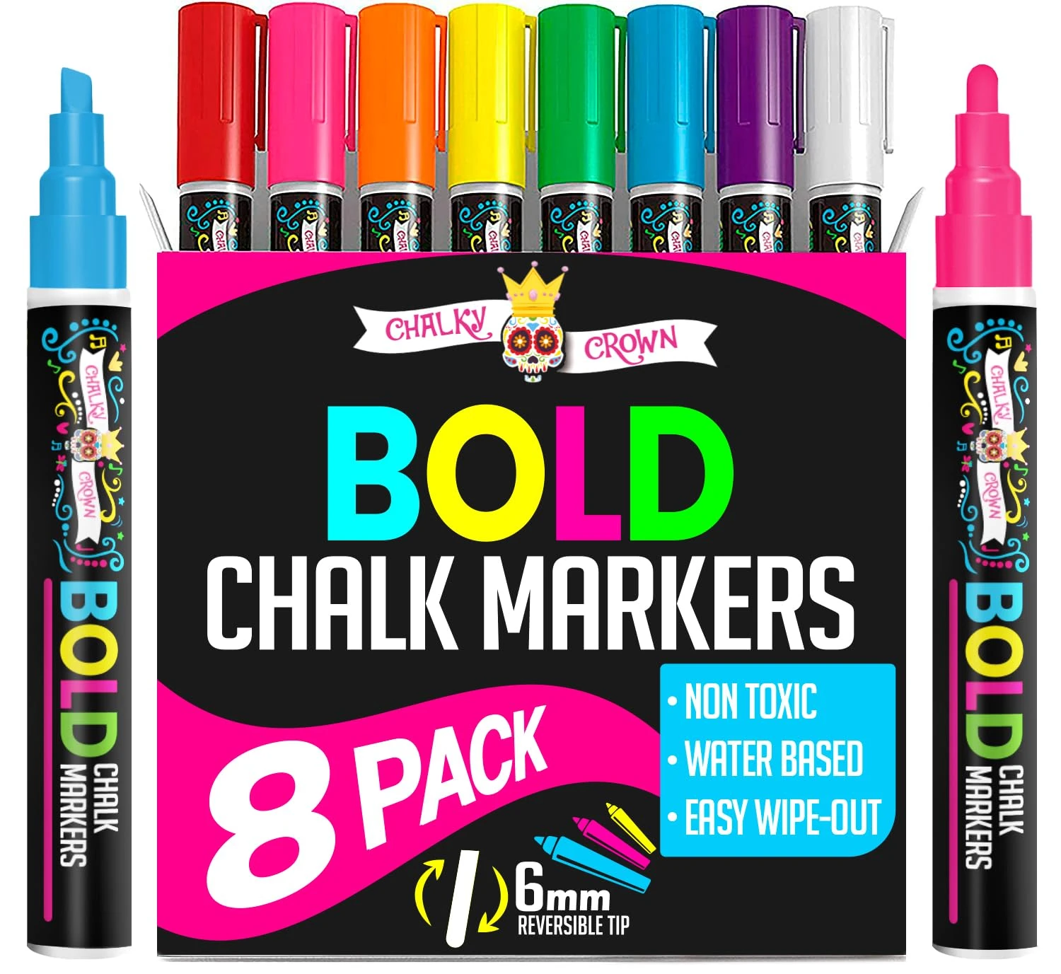 Chalky Crown - Chalk Pens - Liquid Chalk Markers - Dry Erase Marker Pens - Chalk Markers for Chalkboards, Signs, Windows, Blackboard - 24 Chalkboard Labels Included - 8 Pack, Multicolored, 6mm