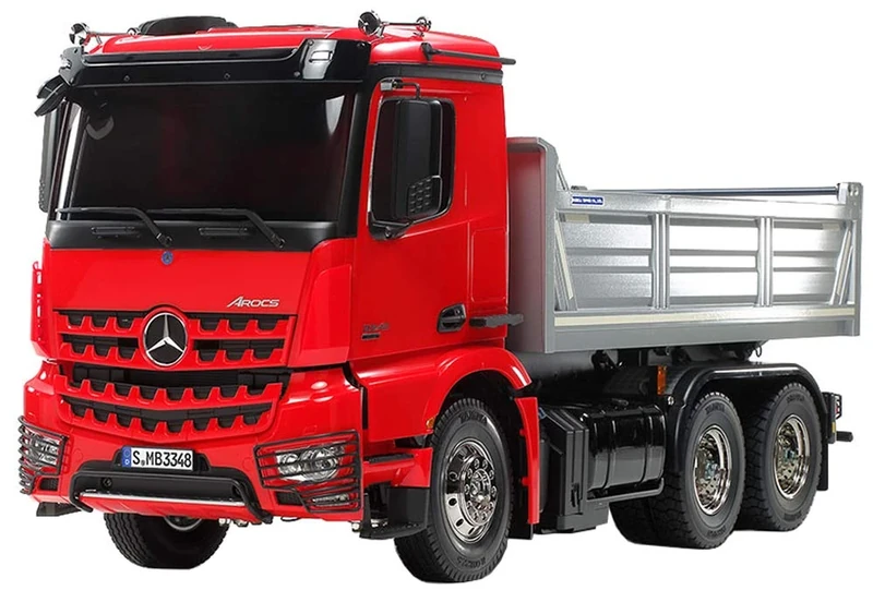 TAMIYA 56361 Mercedes-Benz 1:14 MB Arocs 3348 Red/Silver Dump, Assembly Kit, RC, Remote Control, Truck, Construction Toy, Model Making, Crafts