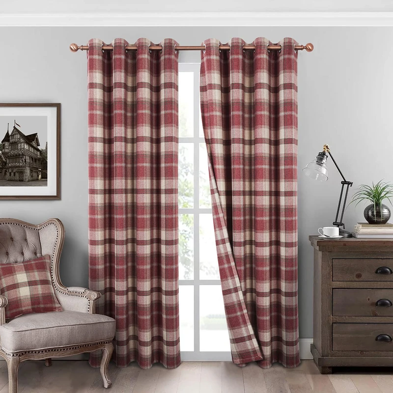 always4u Classic Red Plaid Curtains Highland Woolen Look Tartan Farmhouse Window Treatment Grommet Checked Curtains for Living Room Bedroom 2 Panels 54 * 95 Inches