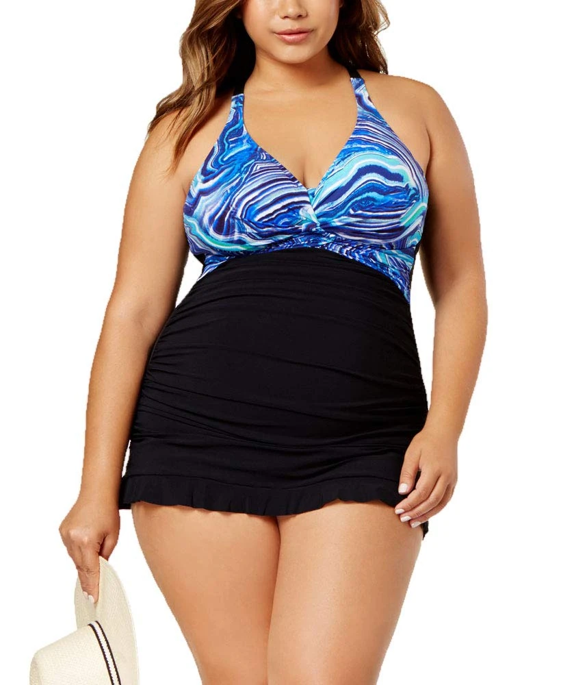 Profile by Gottex Plus Size Quartize Printed Underwire Tummy-Control Swimdress