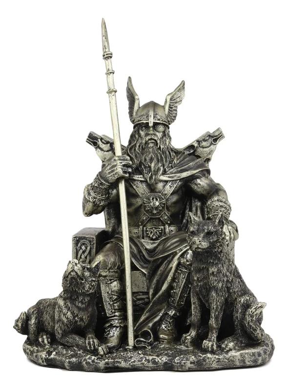 Ebros Gift Norse Viking Mythology Odin The Alfather Sitting On A Throne with Two Wolf Dogs Statue Norselandic Folklore Thor Ragnarok Trilogy Wotan Decorative Figurine 10.5" High