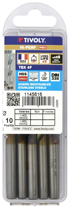 TIVOLY 11456160800 Set of 10 Premium HSS Cobalt Revetu Blade Drill Bits, 4-Sided Sharpening Diameter 8 mm