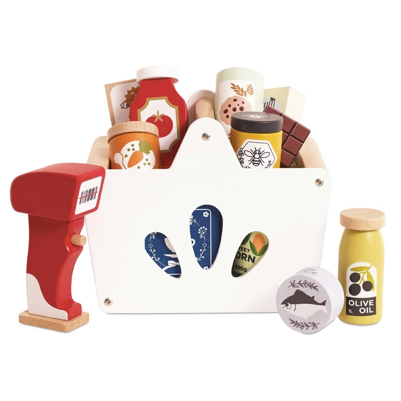Le Toy Van - Wooden Groceries Toy Play Set & Wooden Scanner For Shopping Role Play | Supermarket Pretend Play Shop With Toy Food,Olive Oil, Spaghetti, Chocolate, Cereal,Small/Large