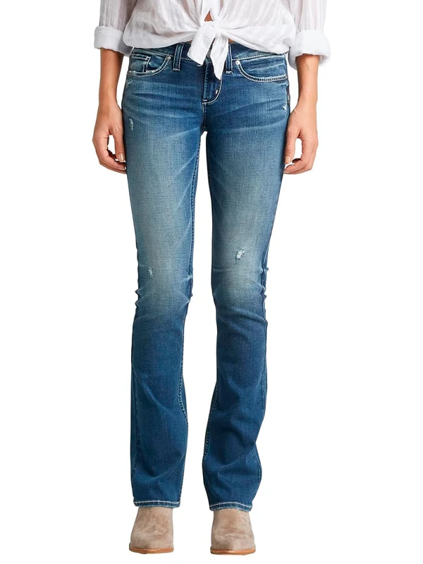Silver Jeans Co. Women's Tuesday Low Rise Slim Bootcut Jean, Medium Indigo Distressed, 31W x 31L